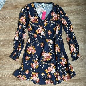 New! Xhilaration Target- navy floral/rose boho long sleeve dress, XS